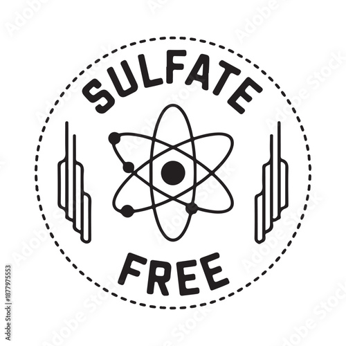 Sulfate free product label featuring an atomic structure and dotted circle