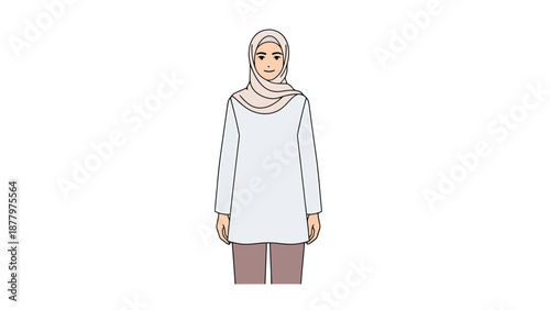 Full Body Profile of a Young Woman Wearing Modest Fashion Including Tunic and Headscarf Isolated on White Background