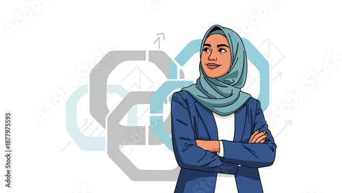 Confident Woman Wearing Hijab and Business Suit Standing with Futuristic Geometric Background Symbolizing Technology and Progress