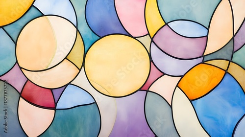 A contemporary abstract stained glass design with overlapping circles in soft pastel colors 