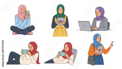 Diverse Muslim Women Engage With Technology Using Mobile Devices Laptops Tablets for Work Study Leisure Activities Isolated on White Background