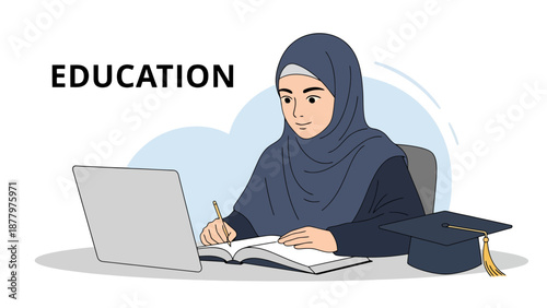Young Woman in Traditional Headwear Studying Online With Laptop and Graduation Cap Indicating Academic Achievement and Lifelong Learning Journey