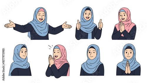 Set of Diverse Female Faces Showing Positive Emotions and Gestures Wearing Traditional Headscarves and Modest Clothing