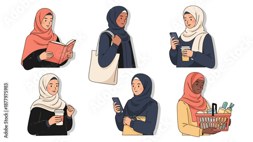 Diverse Group Of Young Women Wearing Headscarves Engaging In Everyday Activities Including Reading Shopping And Using Technology