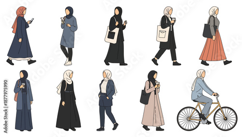 Modern Muslim Women Depicted in Diverse Everyday Activities and Styles Embracing Casual and Professional Outfits