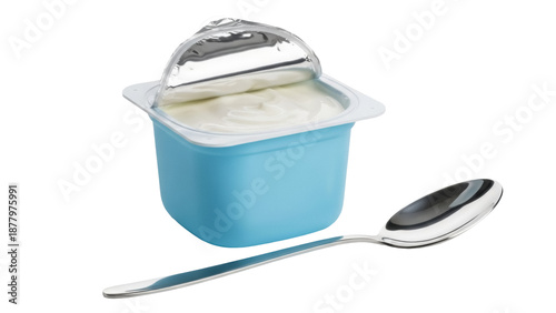 Photos Open blue yogurt cup with silver spoon isolated PNG, creamy dairy dessert for he