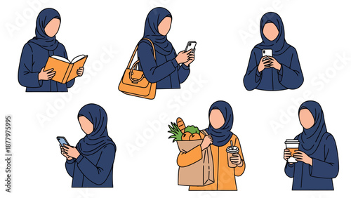 Modern Muslim Women depicted in everyday activities showing diverse interests and engagement with technology and daily errands