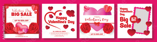 Romantic Valentine marketing template for social media posts, promo banners and celebration party designs with 3D heart vector illustration backgrounds