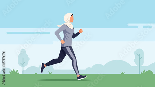 Muslim Woman Running Outdoors for Fitness and Health in Full Sportswear and Hijab