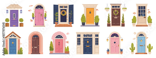 Hand drawn vintage front wooden doors, house and apartment entrances, retro style home door vector illustrations, exterior closed doors, perfect for architecture, interior, and real estate design 