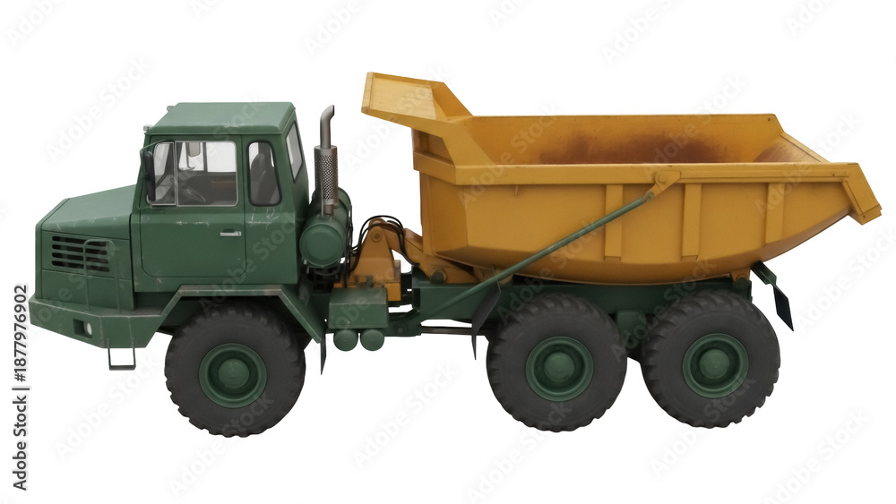 Obraz premium Green and yellow dump truck PNG isolated on transparent background, heavy construction vehicle for building and transportation projects