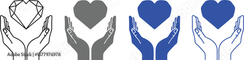 Hands holding heart icon set with diamond and solid styles symbolizing care, protection, charity and love concepts vector illustration