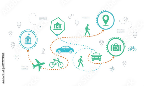Print  Multimodal City Travel and Tourism Route Map with Transportation Icons