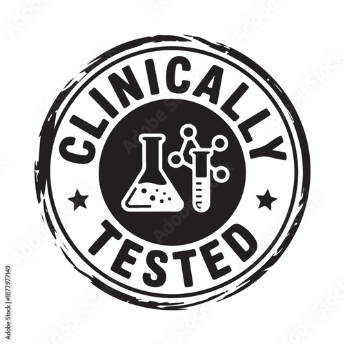 Clinically tested emblem featuring beakers test tubes and scientific symbols