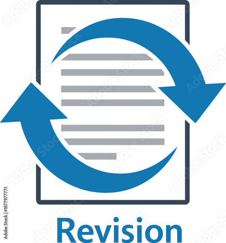 Document revision process illustrated with blue arrows symbol and document icon in a circular workflow