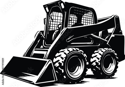 Black skid steer loader compact construction equipment with front bucket isolated on white background for industrial use