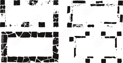 Grunge rectangular frames collection with cracked and broken edges on white background