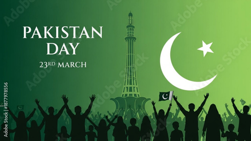 Pakistan Day Celebration with Minar-e-Pakistan Monument and People Raising Hands on 23rd March