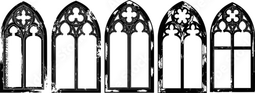 Set of five ornate gothic window silhouettes with pointed arches and tracery details