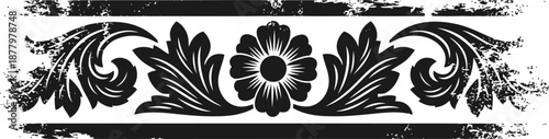 Vintage black floral ornamental border with distressed grunge texture decoration design