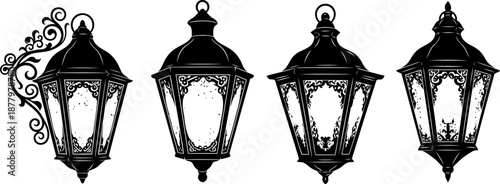 vintage black lanterns with intricate designs and glass panels, classic decorative lighting elements