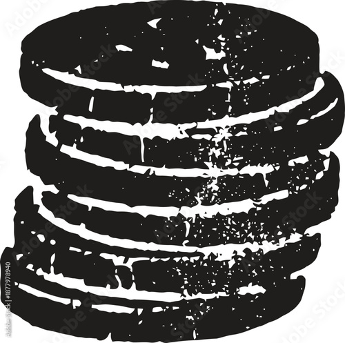 Stack of round cookies with visible texture and cracks, black and white textured illustration