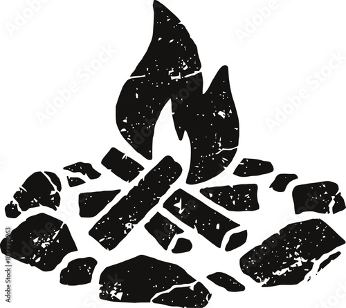 Campfire with flames and scattered rocks around rustic wood logs illustration