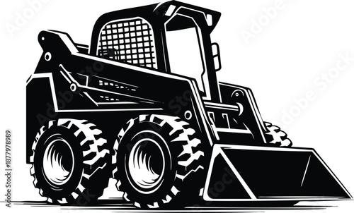 Black skid steer loader illustration heavy construction equipment with bucket and wheels isolated on white background for industrial design
