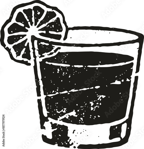 Whiskey glass with lemon slice vintage alcoholic beverage illustration with citrus garnish on rim