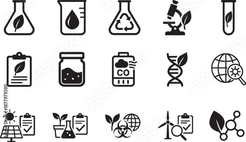 Environmental Lab icon set with science symbols for ecology research, testing, sustainability and green tech.