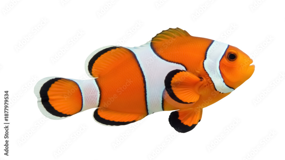 Fototapeta premium Orange clownfish PNG isolated on transparent background, vibrant tropical reef fish with distinctive white stripes and black markings, marine wildlife