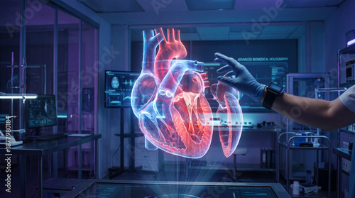 Holographic human heart model in medical lab with technician examining floating cardiac anatomy, futuristic diagnostic and emotional awe