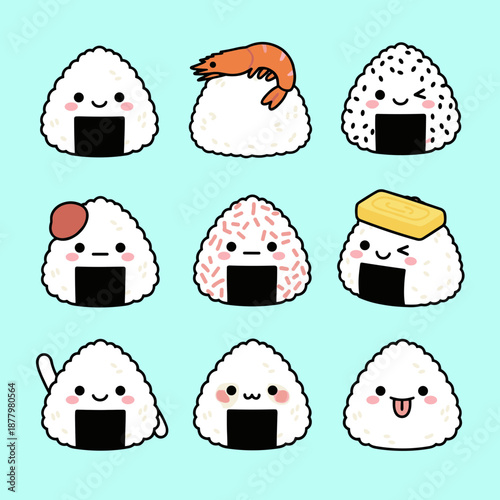 Various Japanese Onigiri Rice Ball Characters Set with Different Toppings Including Shrimp Seaweed and Egg for Asian Food Culture Illustration