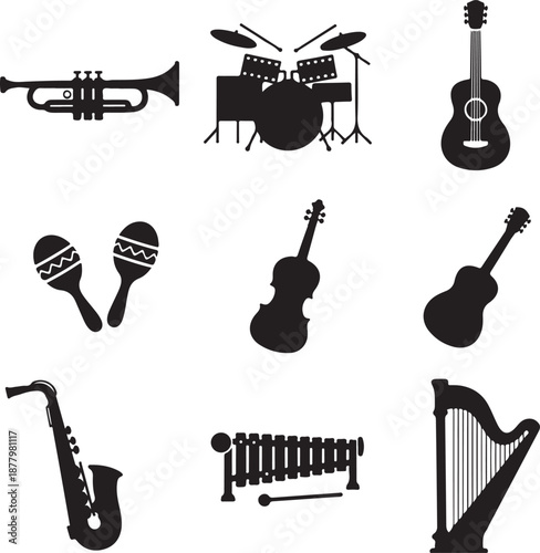 Set of silhouettes of musical instruments, musical instruments, musical instrument silhouette vector, music instrument solid icon, musical Instruments silhouette illustration