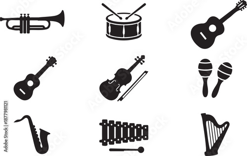 Set of silhouettes of musical instruments, musical instruments, musical instrument silhouette vector, music instrument solid icon, musical Instruments silhouette illustration