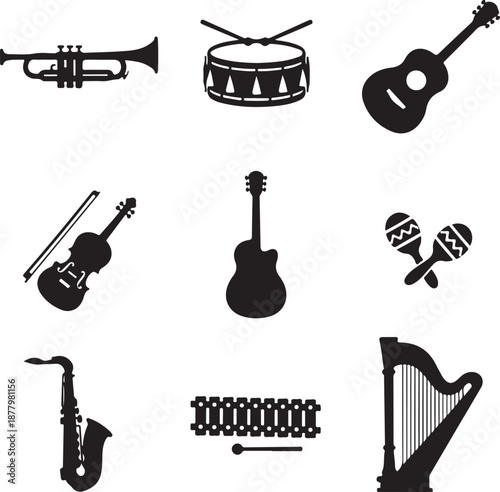 Set of silhouettes of musical instruments, musical instruments, musical instrument silhouette vector, music instrument solid icon, musical Instruments silhouette illustration