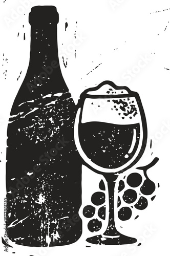 Wine bottle and glass with grapes illustration in rustic vintage