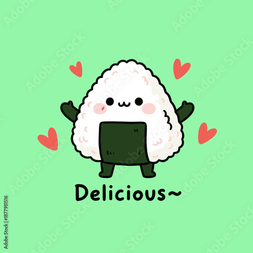Adorable onigiri rice ball character with seaweed and pink cheeks celebrating with heart symbols for Japanese food and snack themed illustration