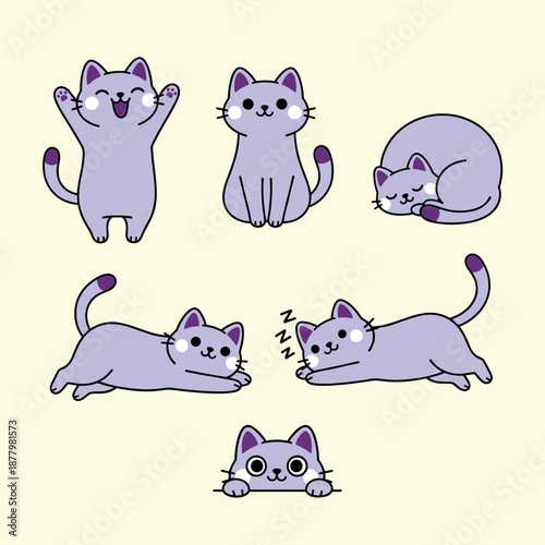 Cute Purple Cat Character Set in Different Poses Including Sleeping Playing Jumping and Stretching Flat Vector Illustration for Pet Lovers