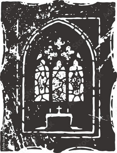 Gothic church stained glass window and altar silhouette in vintage grunge