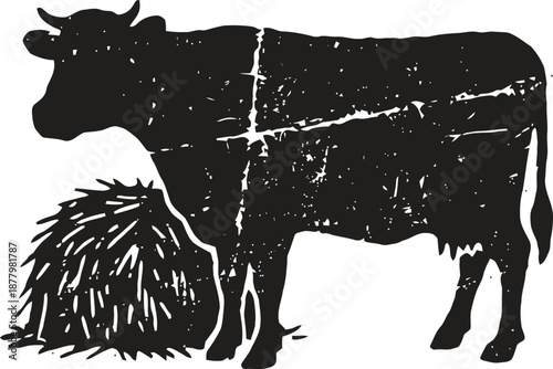 Black silhouette of cow standing next to a haystack with vintage distressed texture