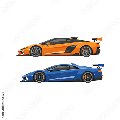 Two high performance luxury sports cars in orange and blue, modern aerodynamic racing vehicles side view, automotive transportation illustration