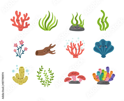 Colorful underwater coral reef and seaweed collection with cute smiling faces featuring sea sponges shells and aquatic plants for ocean decor