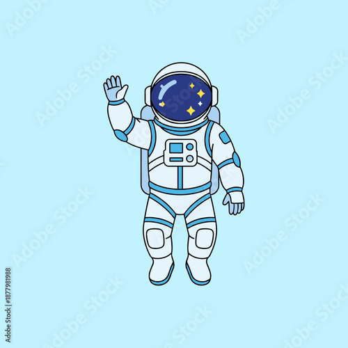 Astronaut character in white spacesuit waving hand in space with stars reflected on helmet visor flat vector illustration for science themes