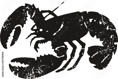 Black lobster silhouette with distressed vintage texture isolated on white background