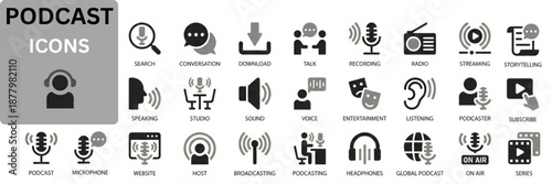 Podcast solid icon set. Podcast silhouette icon collection. Containing audio, microphone, record, podcasting, broadcasting and entertainment icons. Podcast and audio icon set vector. 