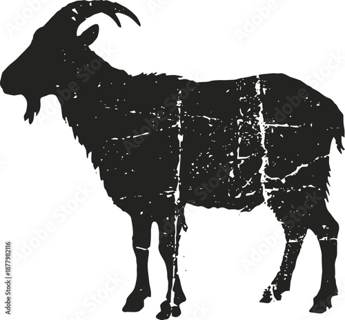 Black distressed silhouette of a goat with prominent curved horns and beard