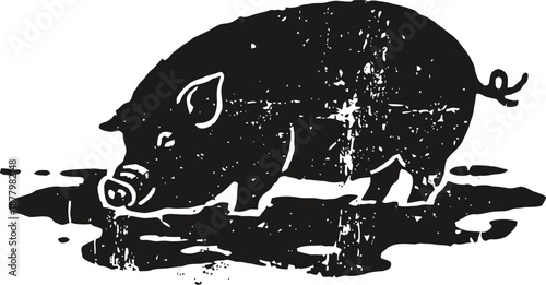black silhouette of a pig standing and drinking water on a white background with a distressed texture