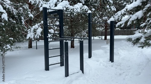 Winter Landscape with Outdoor Pull Up Bars in Snow