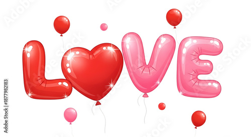 Red and pink love heart and letter balloons isolated on transparent background